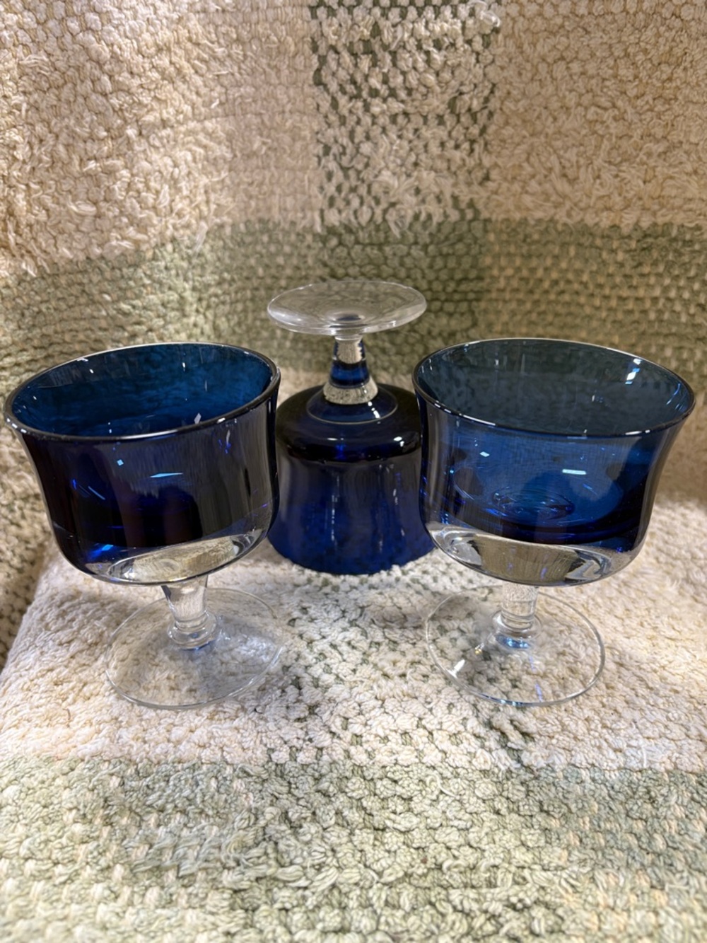 Set of 3 Denby Mirage Blue champagne glasses or sherbet glasses clear stems.